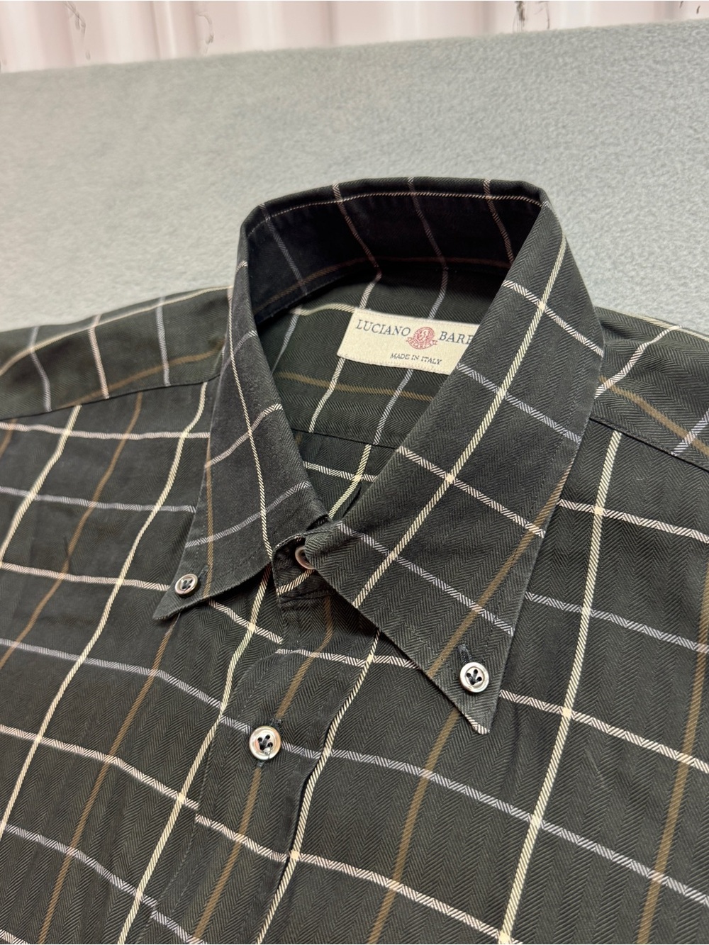 Luciano Barbera Shirt Large Mens Button Up Long Sleeve Green Check Made In Italy